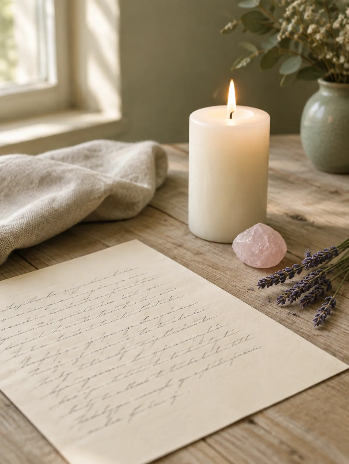 Handgeschriebenes Reading mit Kerze und Rosenquarz